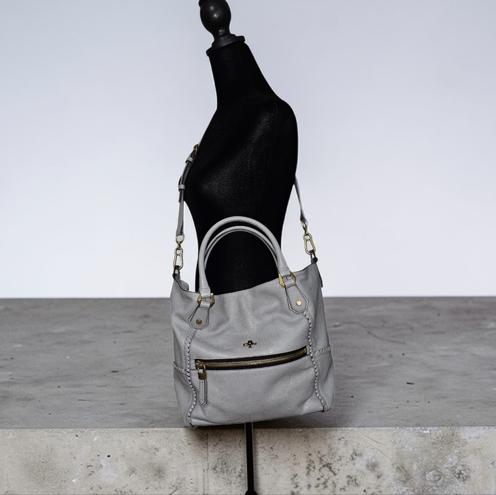 Oryany Gray Pebbled Leather Bucket Satchel Crossbody | Whipstitch Detail | EUC - Picture 5 of 12